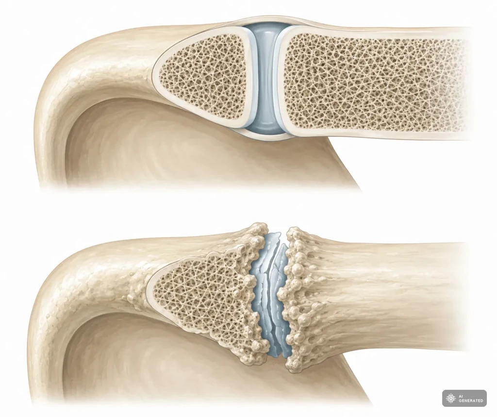 Vergleich eines gesunden Gelenks mit einem arthrotisch veraenderten Gelenk