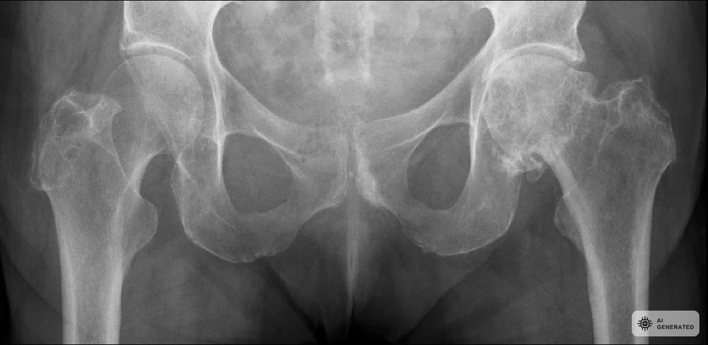 Anatomische Darstellung eines Hueftgelenks mit Knorpelverschleiss bei Coxarthrose