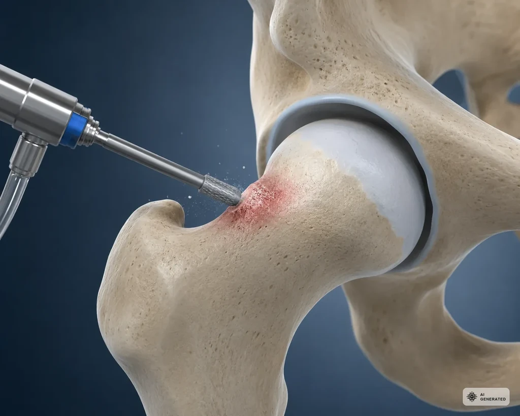 Abtragung des knoechernen Anbaus am Schenkelhals bei Cam-Impingement mit der Fraese