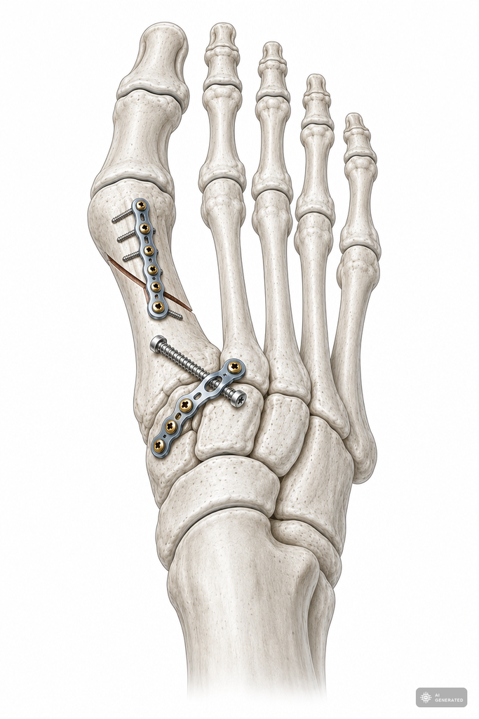 Fussskelett nach Hallux-valgus-Operation mit Platten- und Schraubenosteosynthese am ersten Strahl