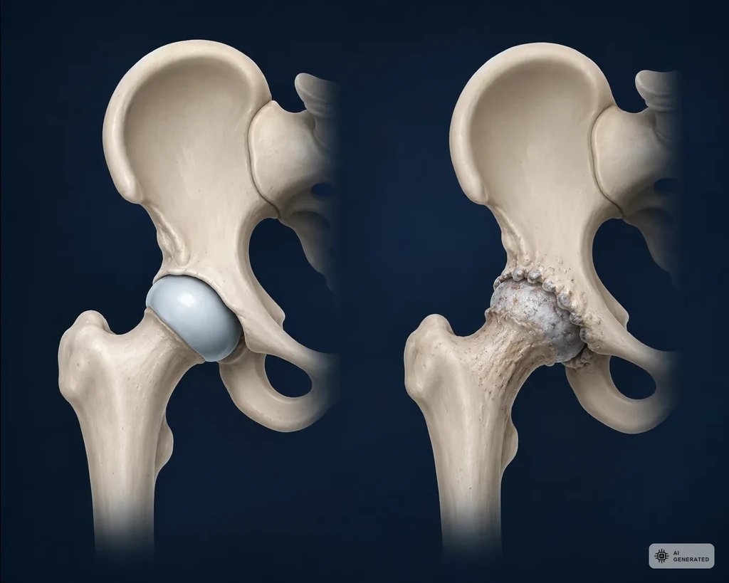 Vergleich eines gesunden Hueftgelenks mit einem arthrotisch veraenderten Hueftgelenk