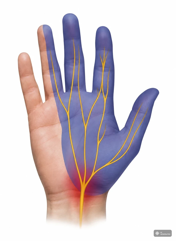 Handinnenflaeche mit blau markiertem Versorgungsgebiet des Nervus medianus an Daumen, Zeige-, Mittel- und halbem Ringfinger
