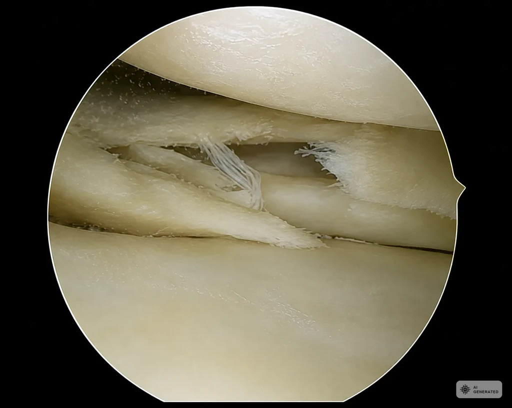 Arthroskopischer Blick auf einen Meniskusriss im Kniegelenk