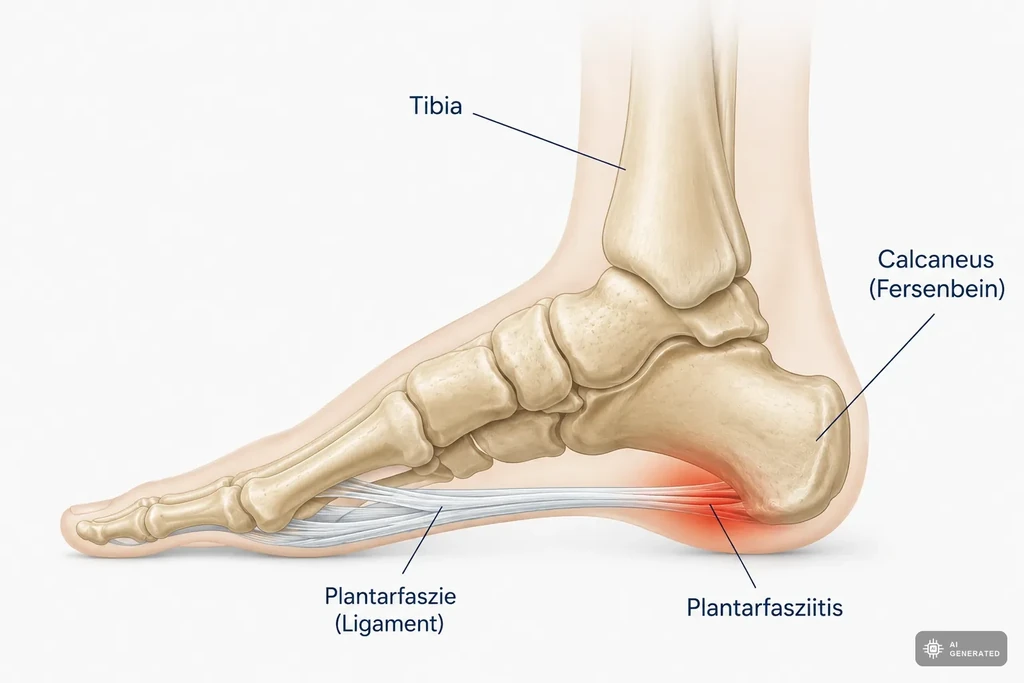 Anatomische Darstellung der Plantarfaszie zwischen Fersenbein und Vorfuss mit geroeteter Entzuendungszone am Ansatz bei Plantarfasziitis