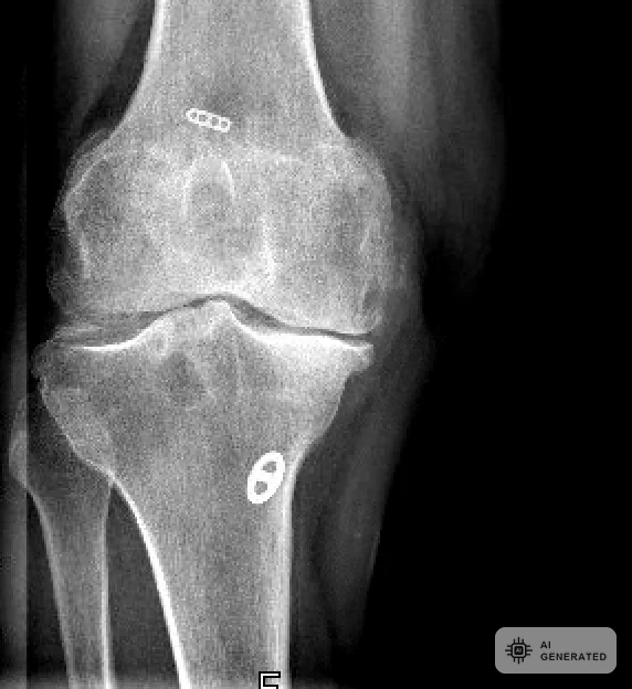 Roentgenaufnahme eines Kniegelenks mit Gonarthrose Grad 4 und aufgehobenem Gelenkspalt