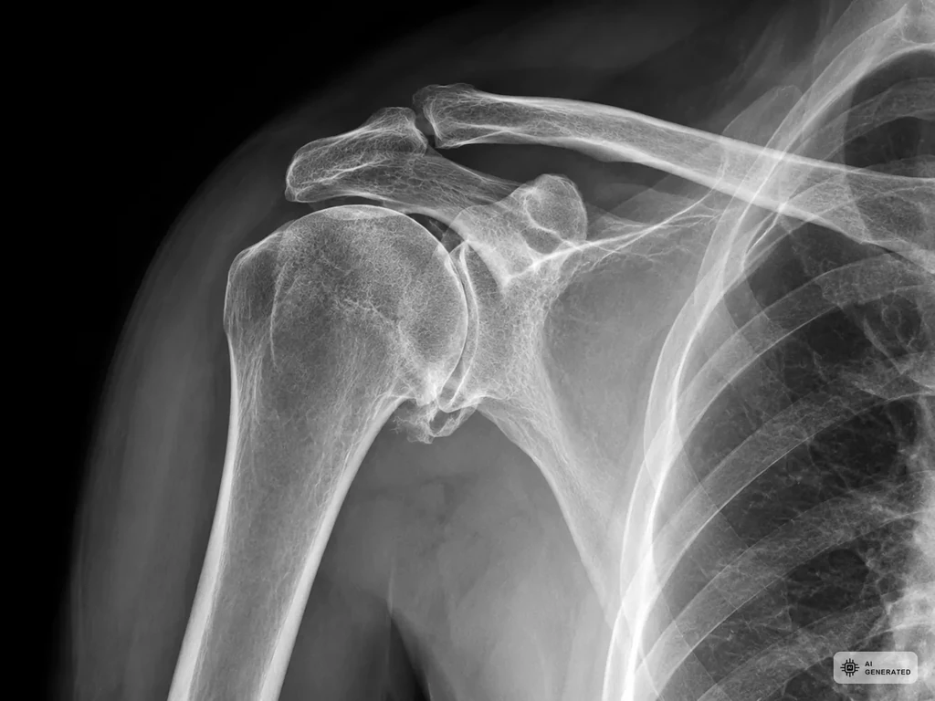 Roentgenaufnahme eines Schultergelenks mit Omarthrose und verschmaelertem Gelenkspalt