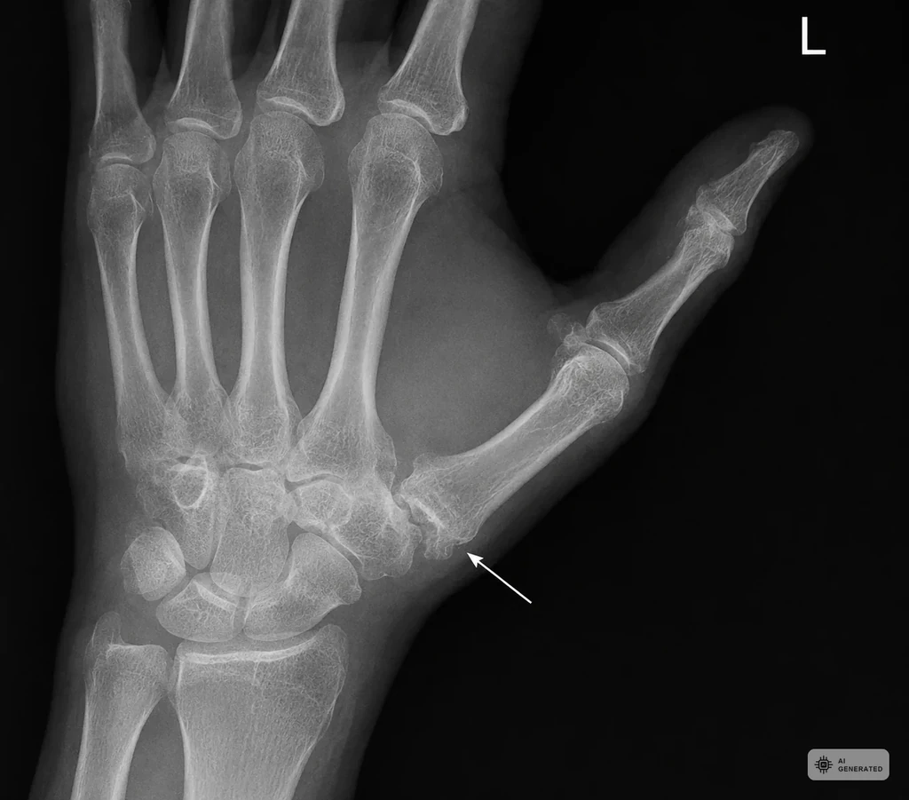 Roentgenaufnahme einer Hand mit Arthrose des Daumensattelgelenks