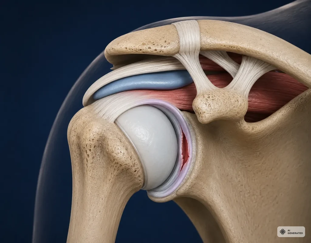 Anatomische Darstellung des Schultergelenks mit Gelenklippe (Labrum) und ausgerenktem Oberarmkopf