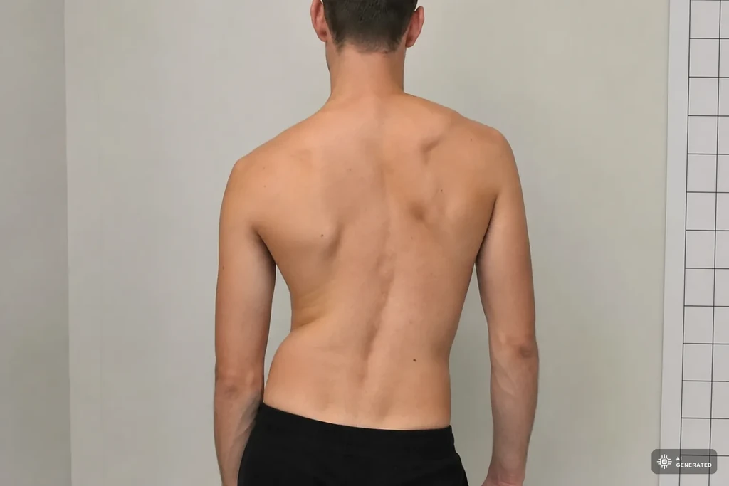 Ruecken mit sichtbarer Asymmetrie von Schultern und Taille bei Skoliose