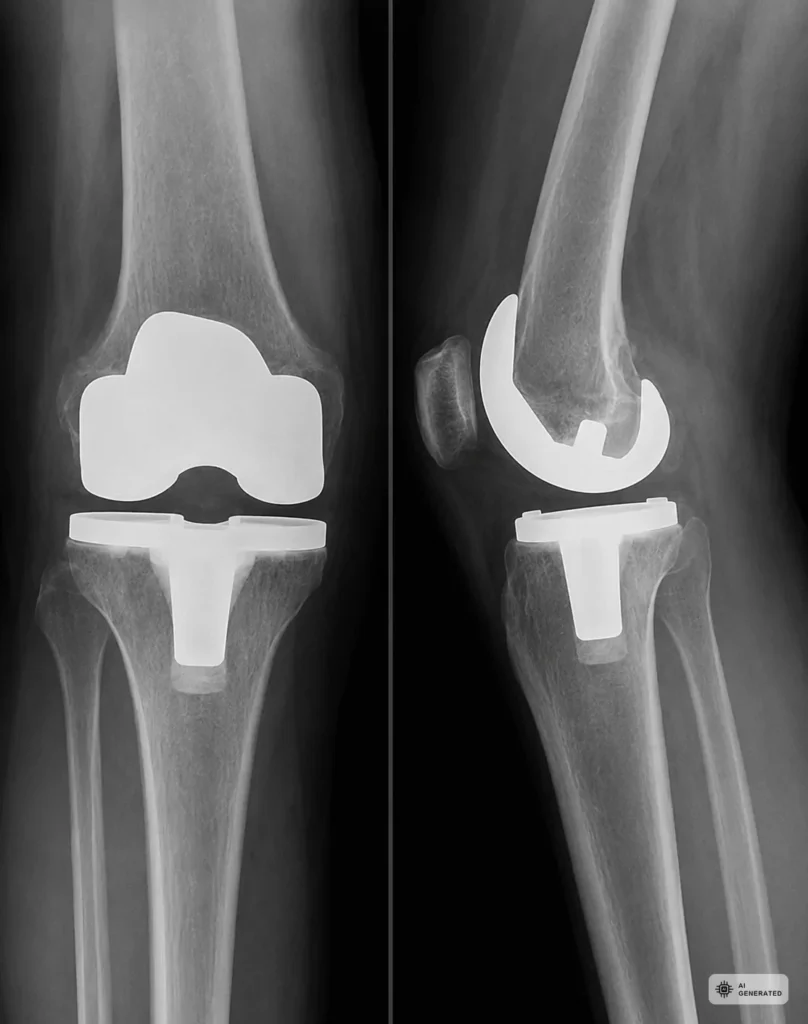 Roentgenaufnahme eines Kniegelenks mit einliegender Knieprothese in zwei Ebenen